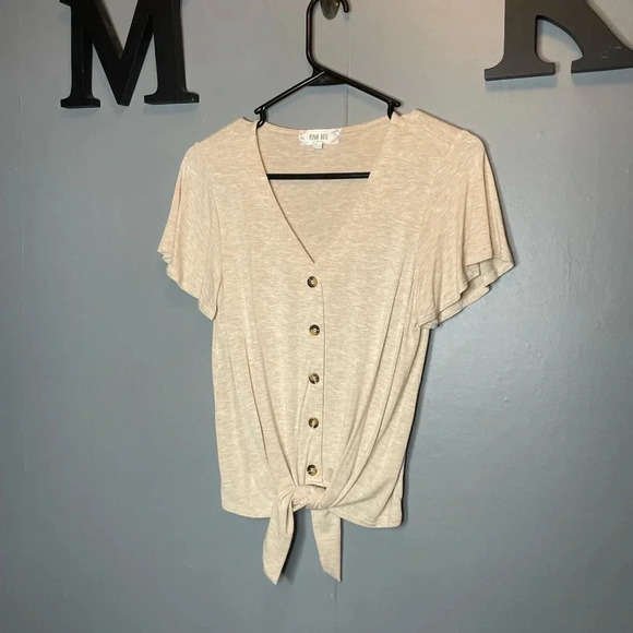 Pink rose tan vneck front tie tshirt size small - Picture 1 of 5